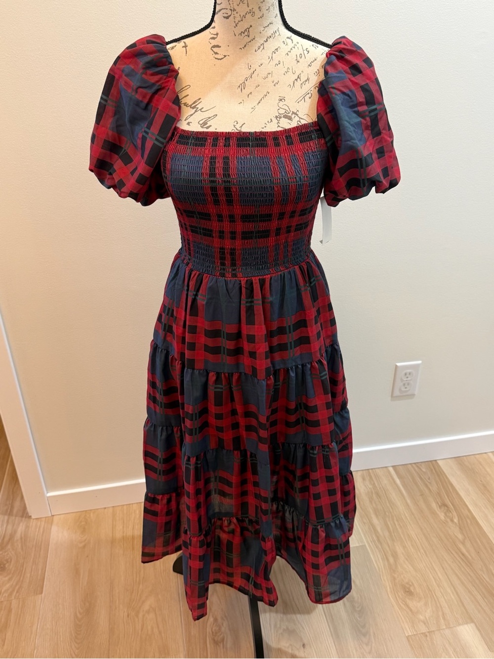 Midnight Doll Plaid Maxi Dress XS Smocked Puff Sleeve Tiered Cottagecore